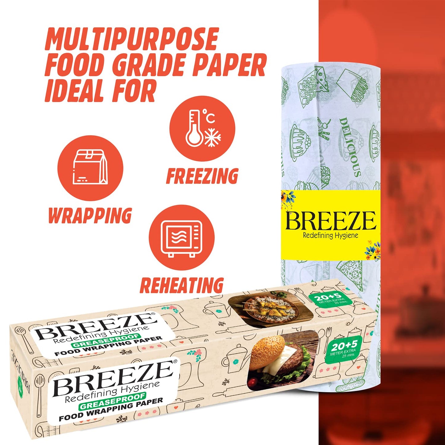 BREEZE BRE015 Food Wrapping Paper - 25 Meters, Multipurpose, Greaseproof, Microwave & Oven Safe, Food Grade Butter Papers - Pack of 1, Rectangular Box