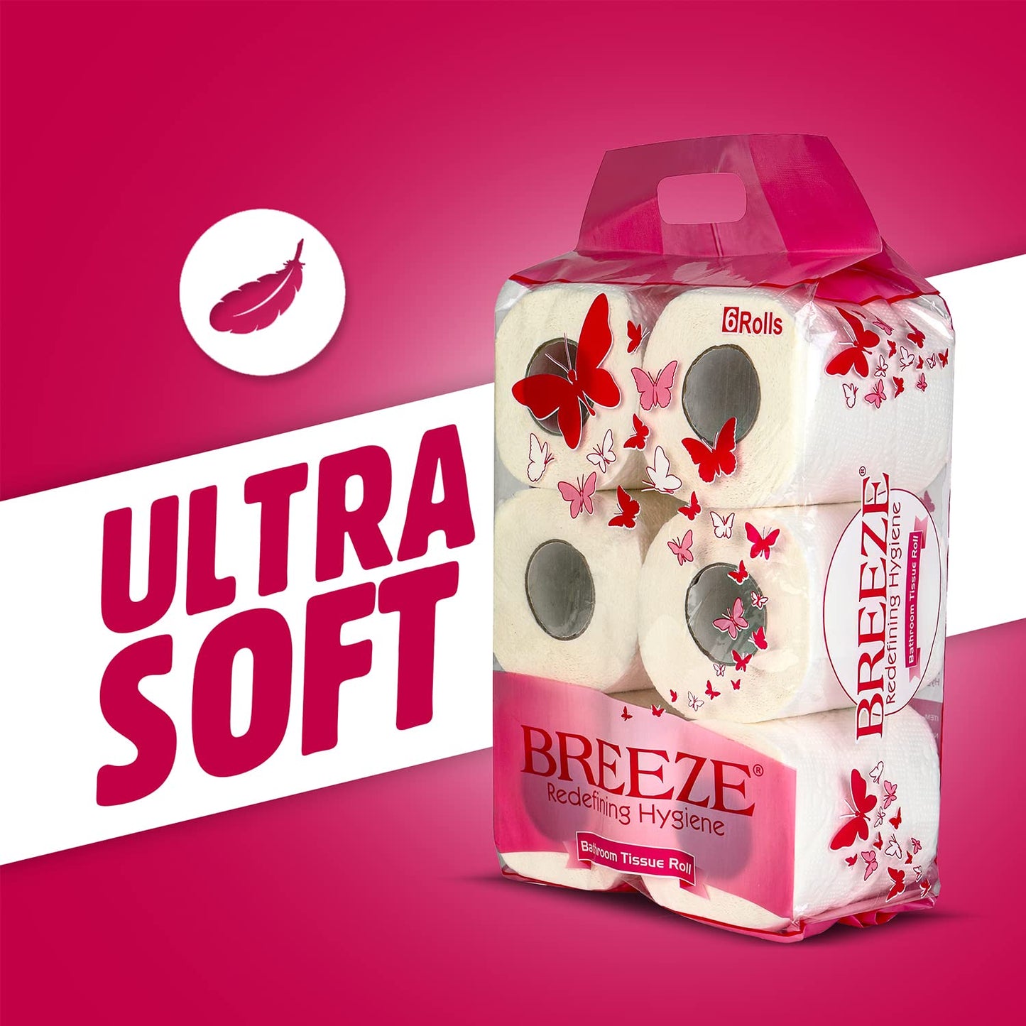 Breeze BRE005 2 PLY Toilet Tissue Paper - Mega & Family Sanitary Rolls, 3X Thicker, Extra Soft, Highly Absorbent - Pack of 6, 11 x 10 cm
