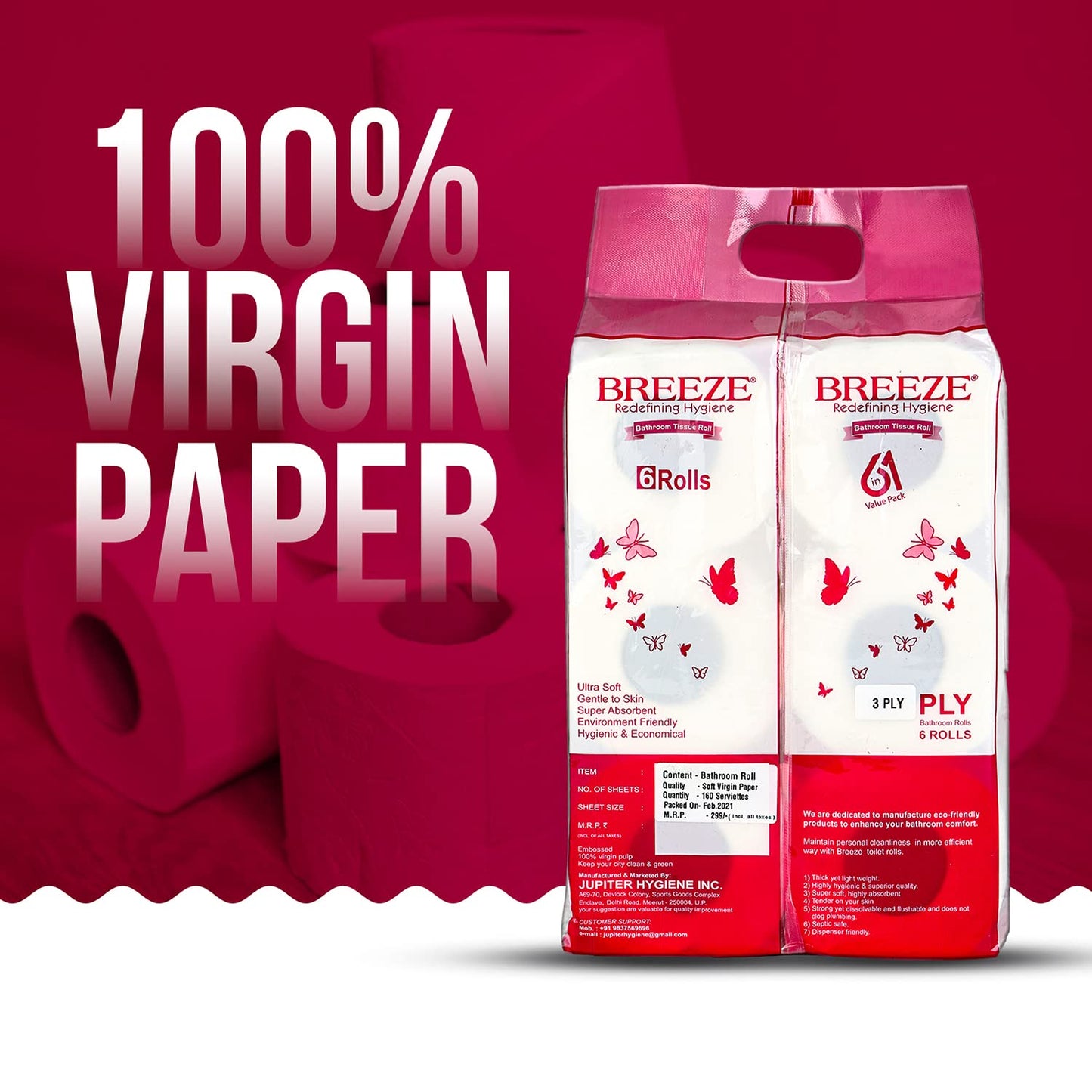Breeze BRE005 2 PLY Toilet Tissue Paper - Mega & Family Sanitary Rolls, 3X Thicker, Extra Soft, Highly Absorbent - Pack of 6, 11 x 10 cm