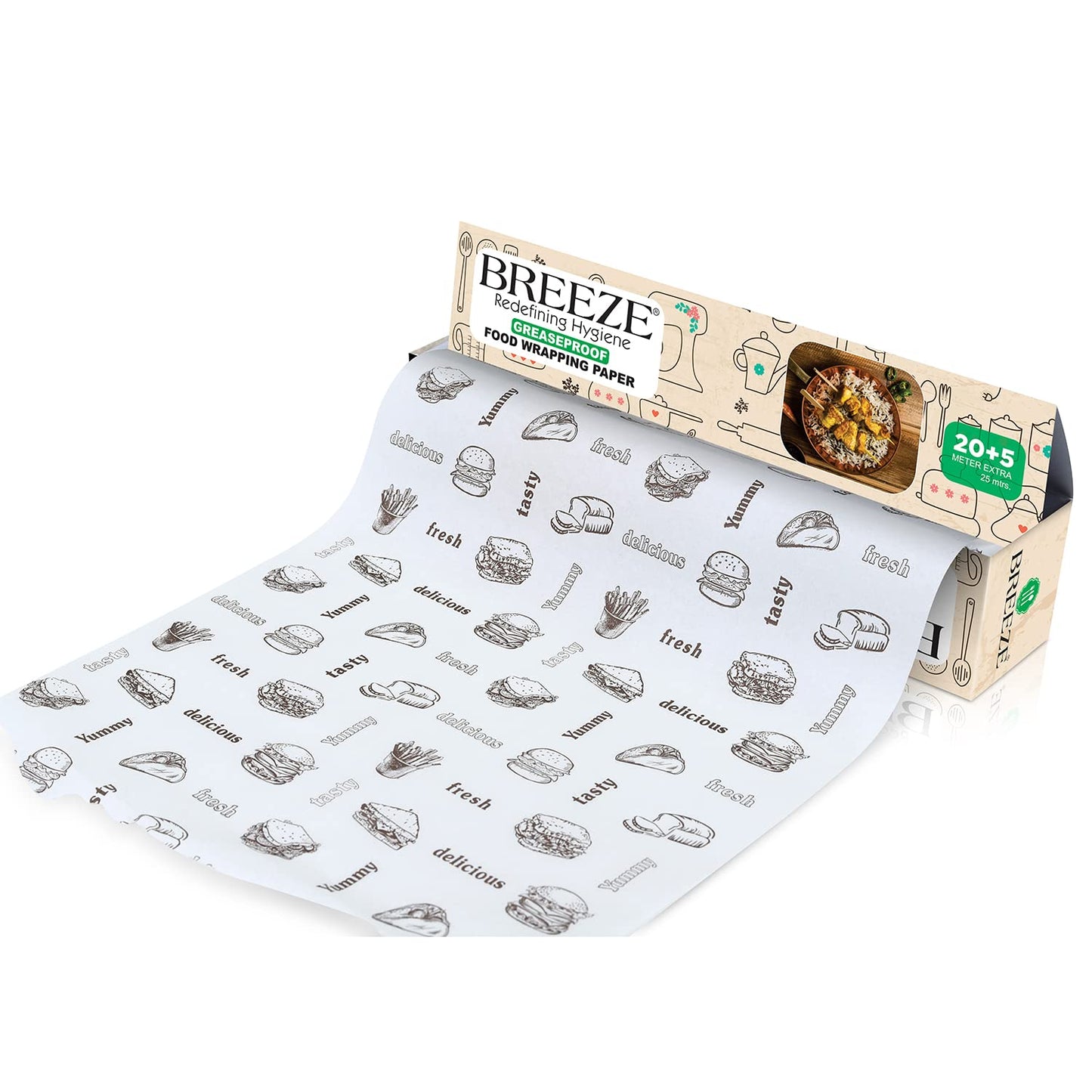 BREEZE BRE015 Food Wrapping Paper - 25 Meters, Multipurpose, Greaseproof, Microwave & Oven Safe, Food Grade Butter Papers - Pack of 1, Rectangular Box
