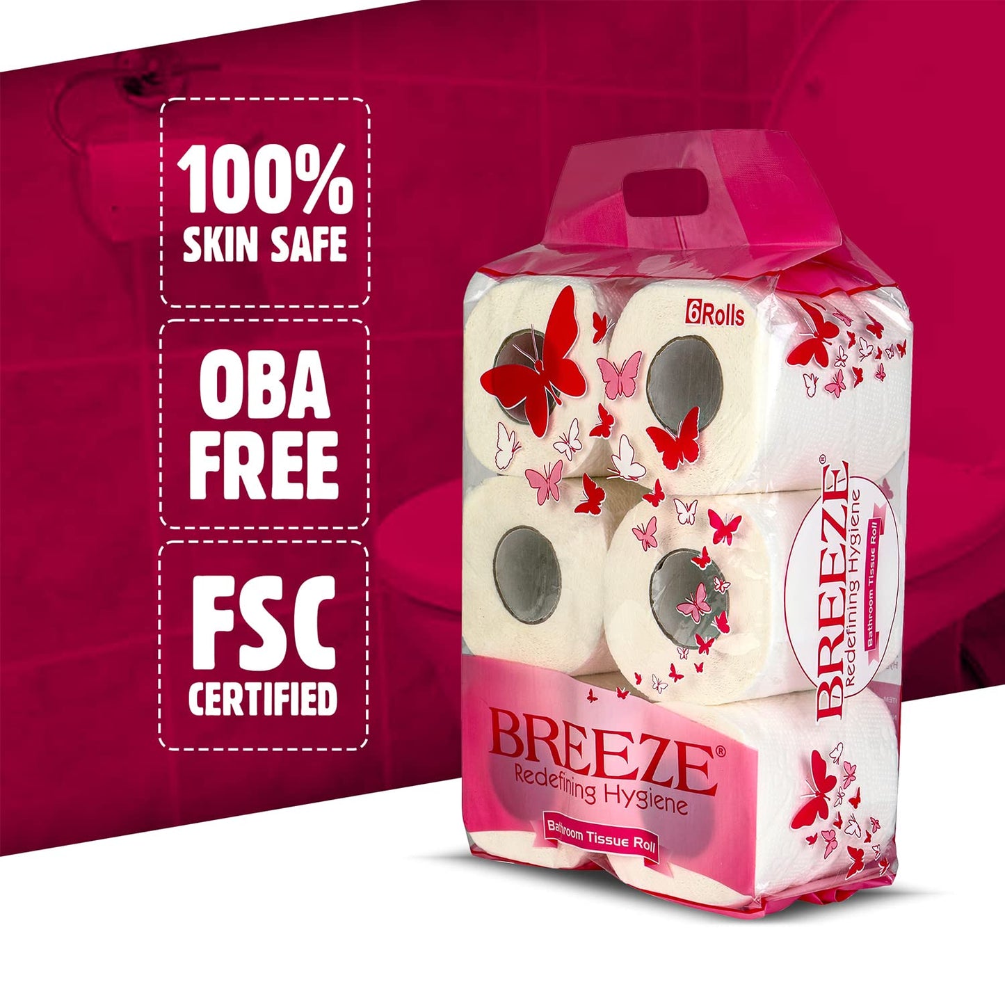 Breeze BRE005 2 PLY Toilet Tissue Paper - Mega & Family Sanitary Rolls, 3X Thicker, Extra Soft, Highly Absorbent - Pack of 6, 11 x 10 cm