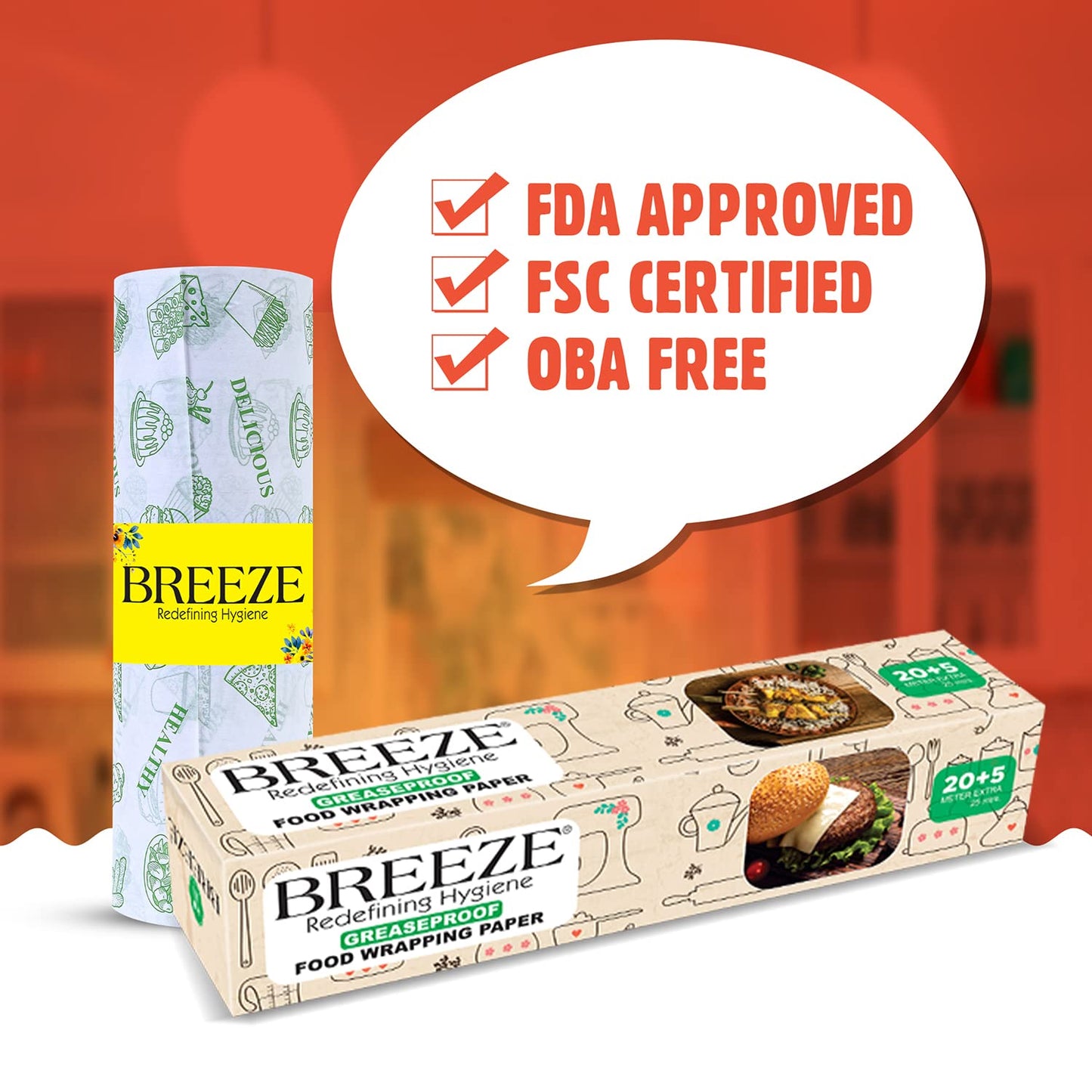 BREEZE BRE015 Food Wrapping Paper - 25 Meters, Multipurpose, Greaseproof, Microwave & Oven Safe, Food Grade Butter Papers - Pack of 1, Rectangular Box