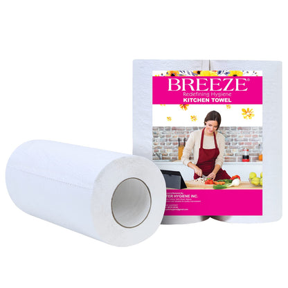 BREEZE BRE026 4 Ply Kitchen Tissue Paper Roll - Multipurpose Use Towel, Made of Natural Fibers, Highly Absorbent & Extra Soft - Pack of 2, 150 Pulls Per Roll