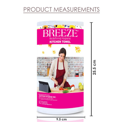 BREEZE BRE026 4 Ply Kitchen Tissue Paper Roll - Multipurpose Use Towel, Made of Natural Fibers, Highly Absorbent & Extra Soft - Pack of 2, 150 Pulls Per Roll