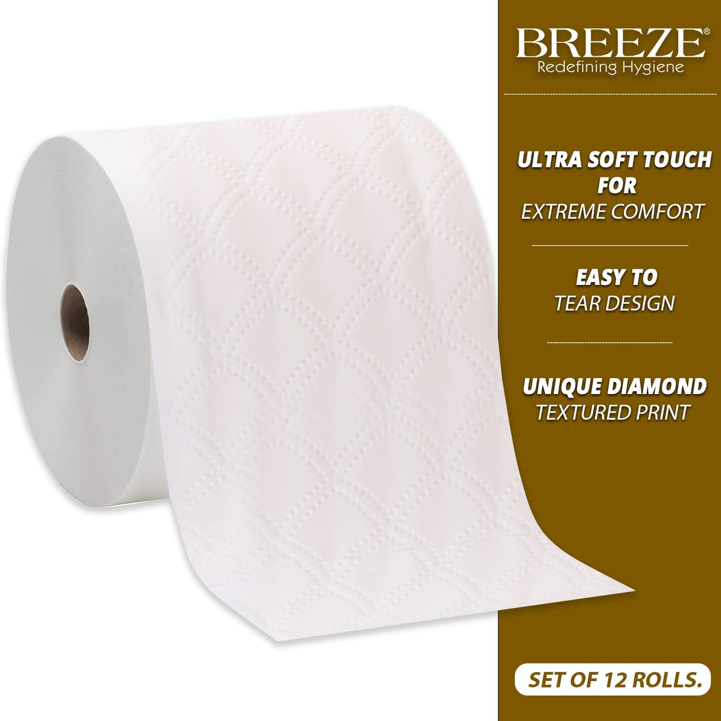 Breeze 2 ply Toilet Tissue Paper Big, Mega & Family Sanitary Rolls 3X Thicker, Extra Soft & Highly Absorbent (Pack Of 12 x 250 Sheets, 11 x 10 cm)