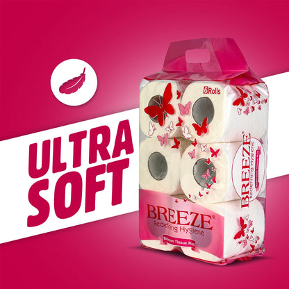 Breeze ‎BRE005 2 PLY Toilet Tissue Paper - Mega & Family Sanitary Rolls, 3X Thicker, Extra Soft, Highly Absorbent - Pack of 6, 11 x 10 cm