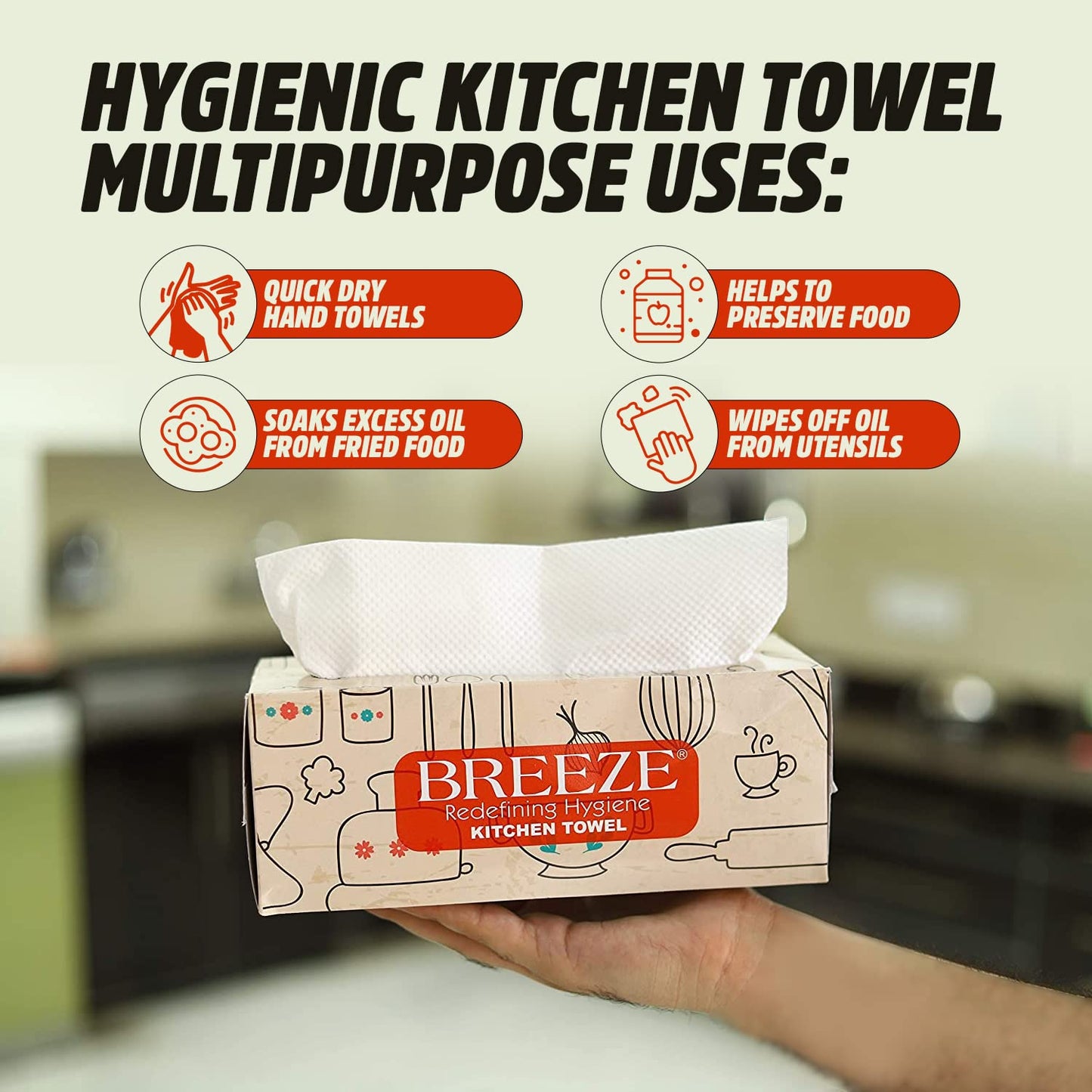 BREEZE ‎BRE035 Kitchen Towel Extra Multipurpose Use Tissue Paper Made of Natural Fibers Soft & Highly Absorbent (Pack of 2, White, Rectangular box)