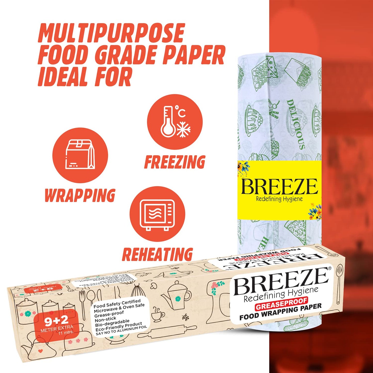 Breeze® Food Wrapping Paper - 11 Meters, Multipurpose, Greaseproof, Microwave & Oven Safe, Food Grade Butter Papers - Pack of 1, Rectangular Box