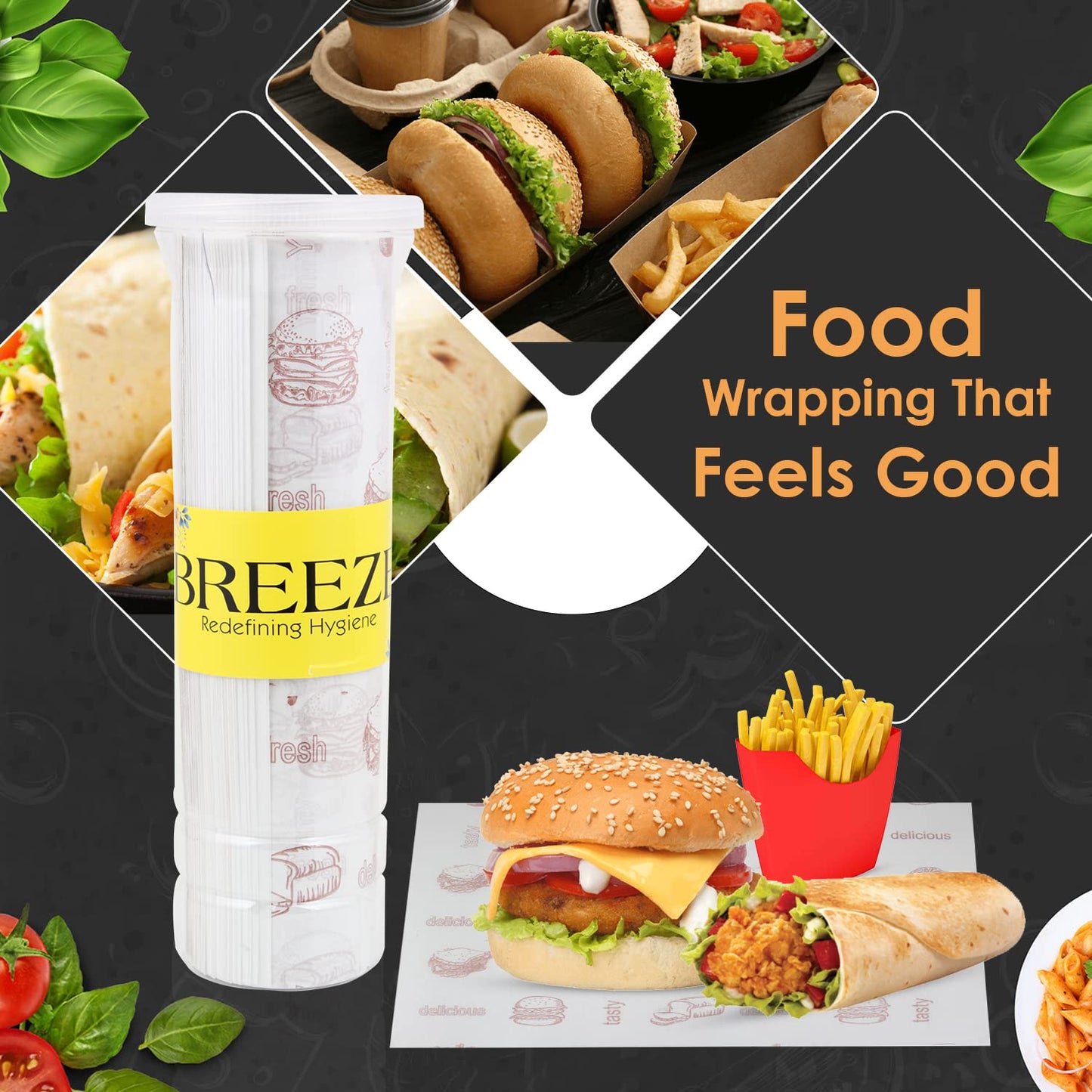 BREEZE Food Wrapping Paper Sheets Elegant Design with Grease Resistant Material Ideal for Parties, Picnics & Daily Dining Purposes -100 Sheets Jar