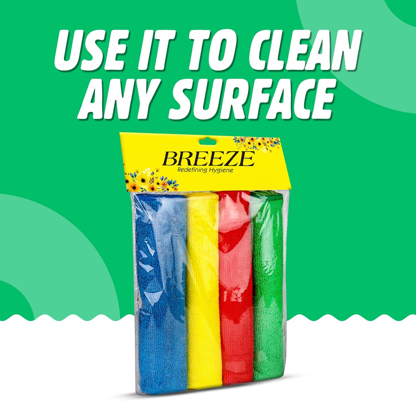 Breeze Multipurpose Microfiber Cleaning Cloths Polyester Material Multipurpose Use Reusable for Kitchen, Car & Silverware (4pcs, 40 x 40cm, Multicolour)