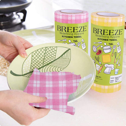 BREEZE BRE025 Non-Woven Multipurpose Kitchen Towel Tissue Paper Roll - Highly Absorbent & Extra Soft, Made of Natural Fibers - Pack of 2, 80 Pulls Per Roll