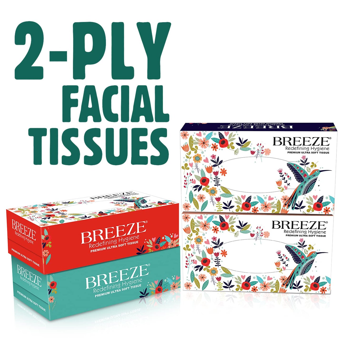 BREEZE BRE021 2 Ply Facial Tissues - Soft & Disposable Wipes for Kitchen, Car, Office & Home - 100 Pulls in Each Box, Pack of 4