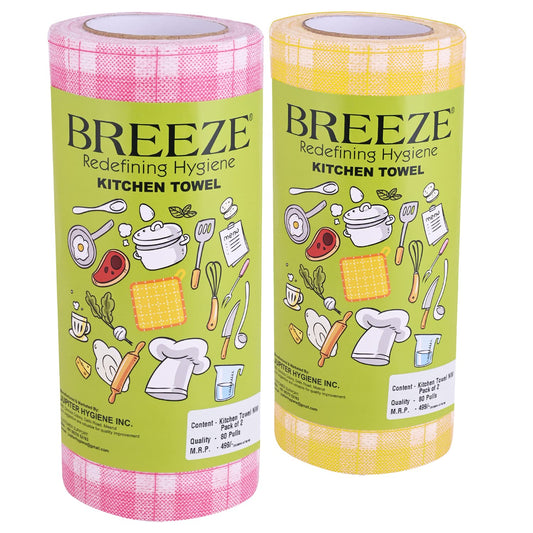 BREEZE BRE025 Non-Woven Multipurpose Kitchen Towel Tissue Paper Roll - Highly Absorbent & Extra Soft, Made of Natural Fibers - Pack of 2, 80 Pulls Per Roll