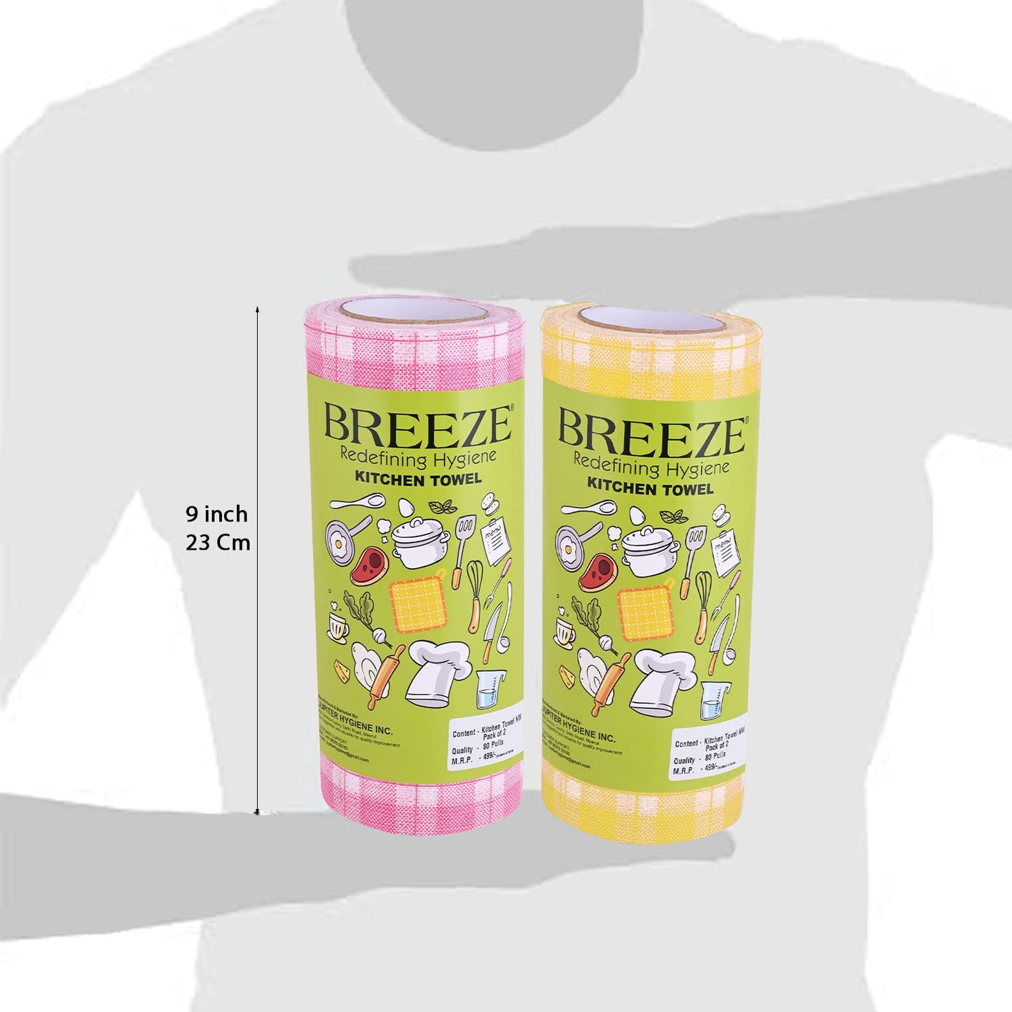 BREEZE BRE025 Non-Woven Multipurpose Kitchen Towel Tissue Paper Roll - Highly Absorbent & Extra Soft, Made of Natural Fibers - Pack of 2, 80 Pulls Per Roll