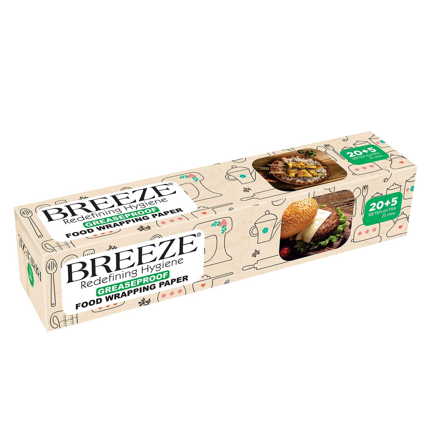 BREEZE ‎BRE015 Food Wrapping Paper - 25 Meters, Multipurpose, Greaseproof, Microwave & Oven Safe, Food Grade Butter Papers - Pack of 1, Rectangular Box