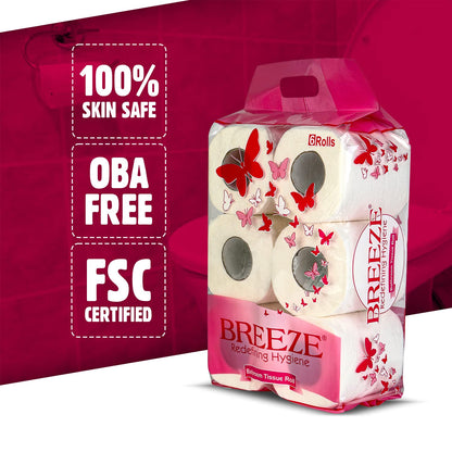 Breeze ‎BRE005 2 PLY Toilet Tissue Paper - Mega & Family Sanitary Rolls, 3X Thicker, Extra Soft, Highly Absorbent - Pack of 6, 11 x 10 cm