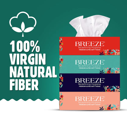 BREEZE BRE021 2 Ply Facial Tissues - Soft & Disposable Wipes for Kitchen, Car, Office & Home - 100 Pulls in Each Box, Pack of 4