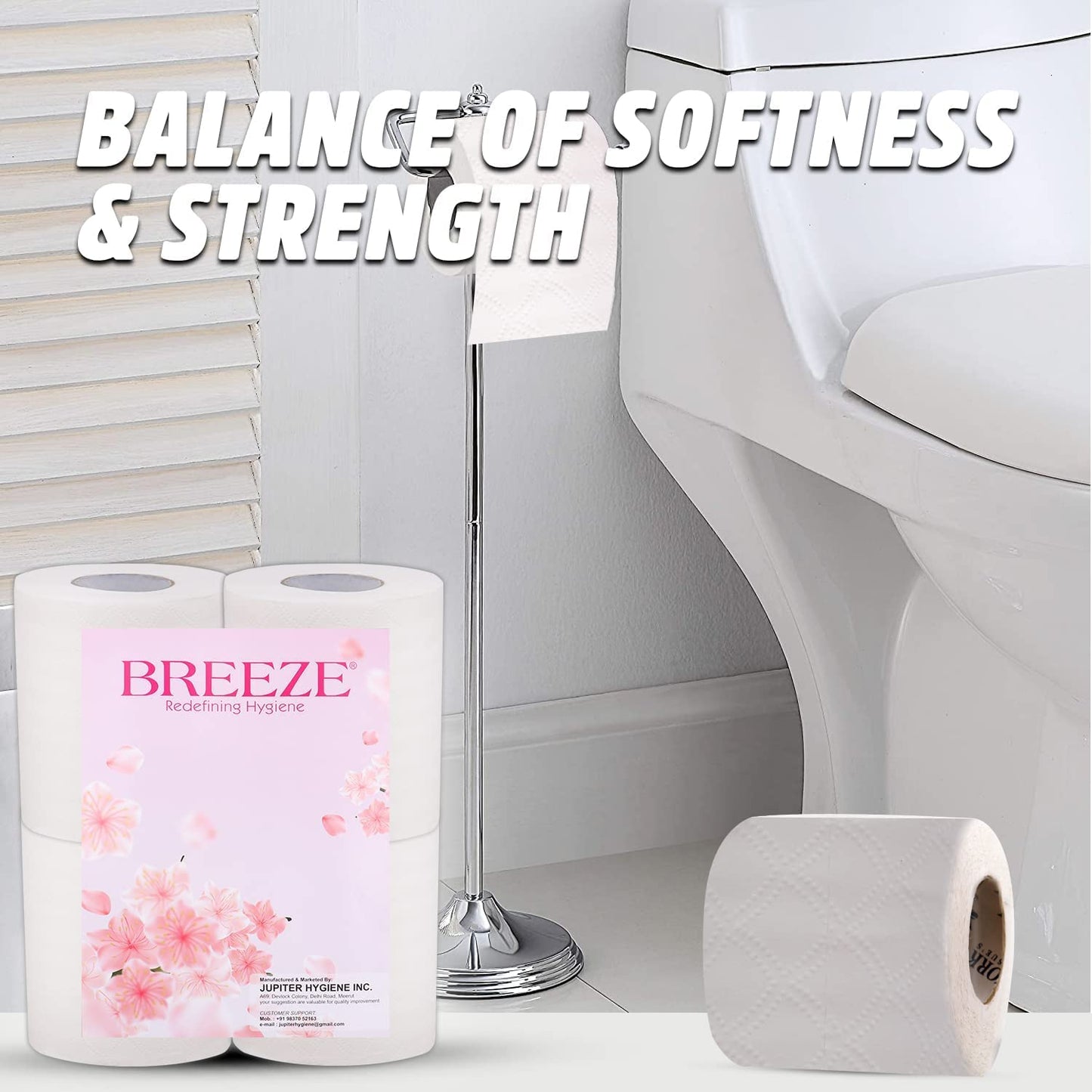 Breeze ‎BRE005 2 PLY Toilet Tissue Paper - Mega & Family Sanitary Rolls, 3X Thicker, Extra Soft, Highly Absorbent - Pack of 4, 11 x 10 cm