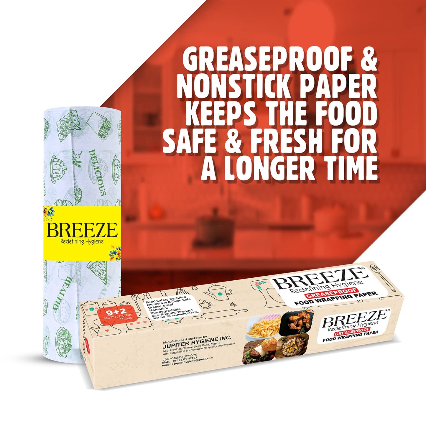 Breeze® Food Wrapping Paper - 11 Meters, Multipurpose, Greaseproof, Microwave & Oven Safe, Food Grade Butter Papers - Pack of 1, Rectangular Box