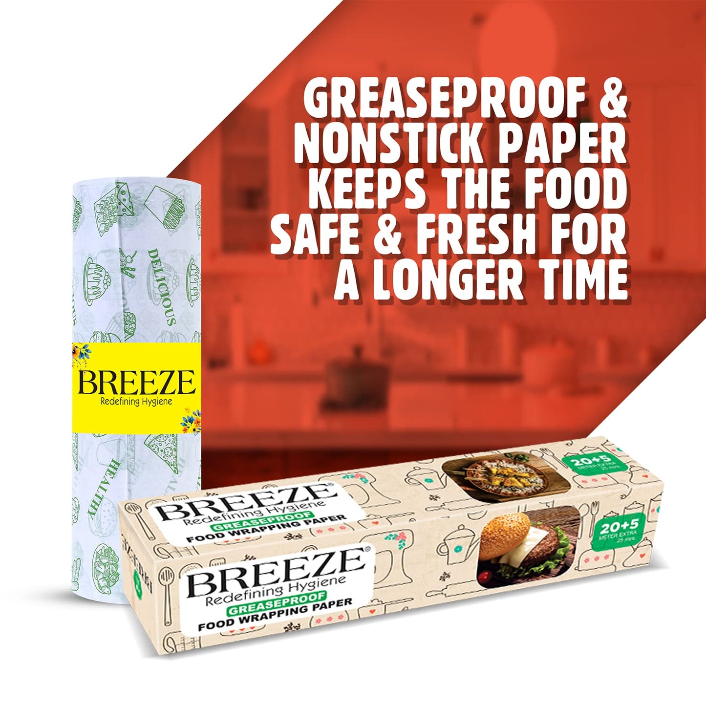 BREEZE ‎BRE015 Food Wrapping Paper - 25 Meters, Multipurpose, Greaseproof, Microwave & Oven Safe, Food Grade Butter Papers - Pack of 1, Rectangular Box