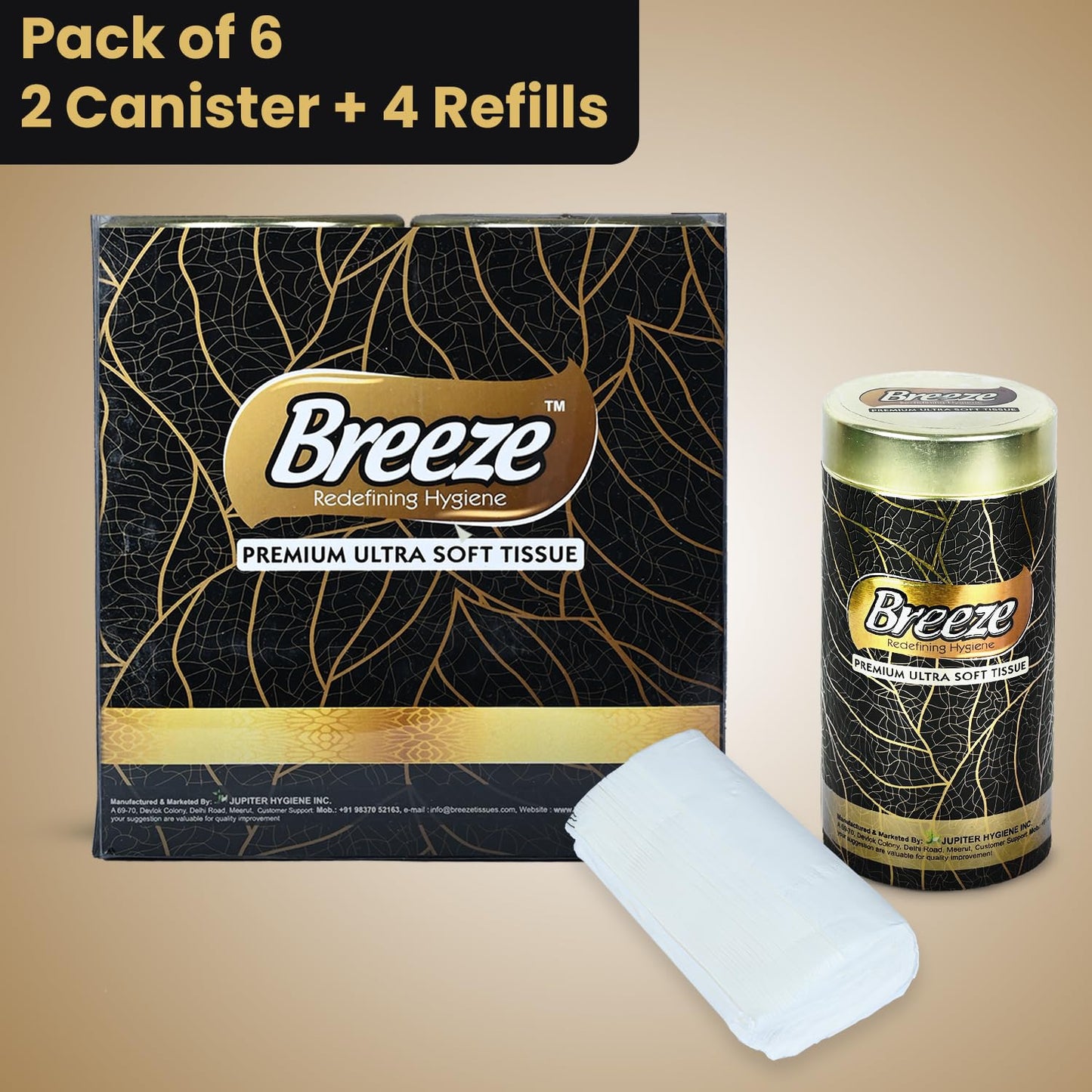 Breeze®  2-Ply Tissue Premium Multipurpose Sheets - Pack of 6 (2 Canister + 4 Refills)