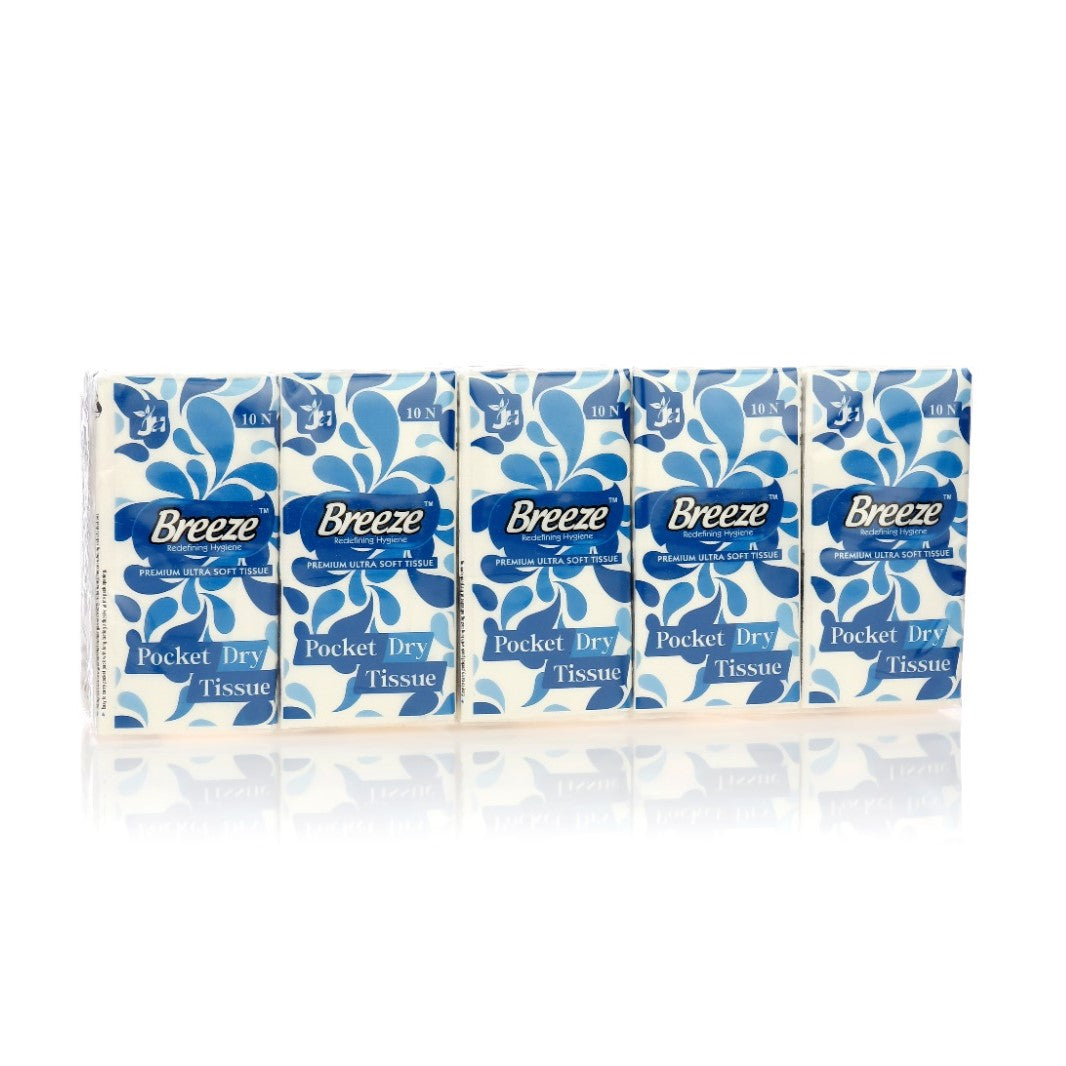 Breeze® Pocket Dry Tissue Soft Paper 100 Plain Sheets (Pack Of 10, Size 200 x 200 mm)