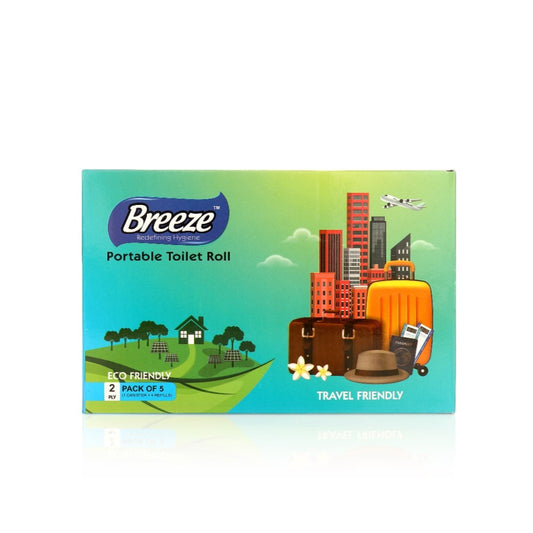 Breeze 2-Ply Portable Toilet Roll - 50 Pulls, Pack of 5 (1 Canister + 4 Refills)