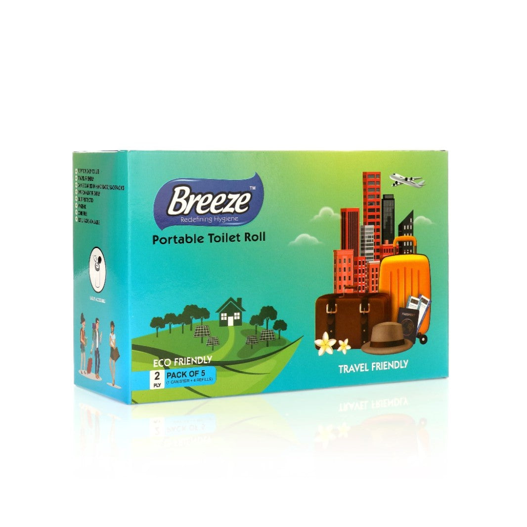 Breeze 2-Ply Portable Toilet Roll - 50 Pulls, Pack of 5 (1 Canister + 4 Refills)