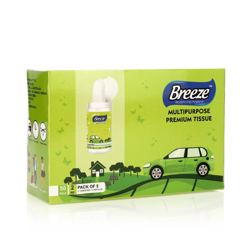 Breeze 2-Ply Tissue Paper Multipurpose Sheets - 50 Pulls, Pack of 5 (1 Canister + 4 Refills)