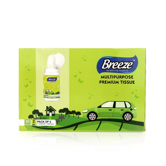 Breeze 2-Ply Tissue Paper Multipurpose Sheets - 50 Pulls, Pack of 5 (1 Canister + 4 Refills)